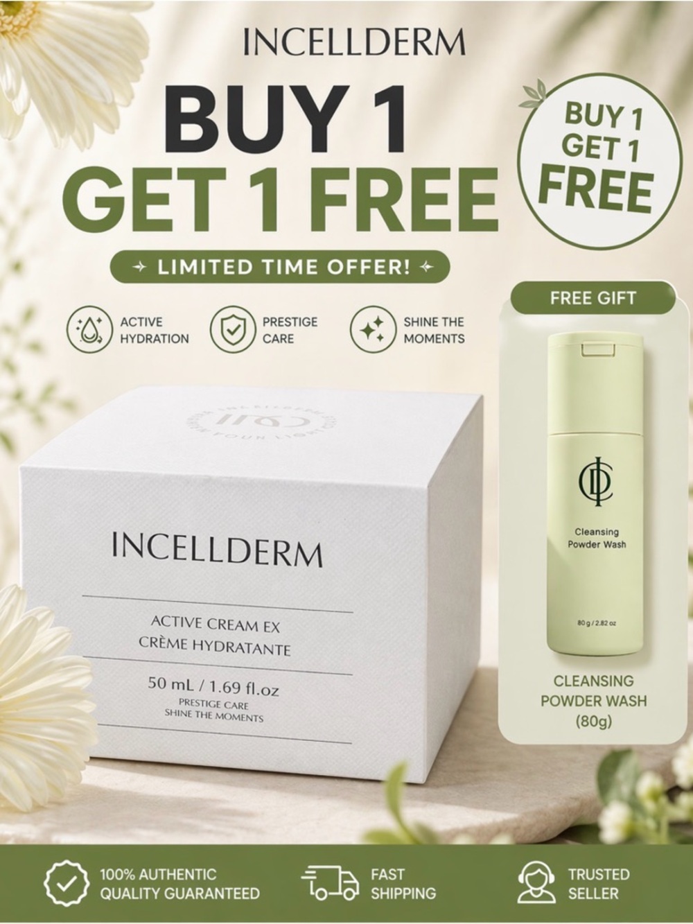 INCELLDERM Active Cream EX 50ml | Luxury K-Beauty Moisturizer | Buy 1 Get 1 Free